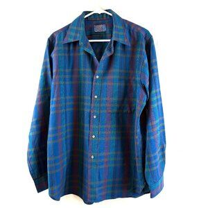 Pendleton Mens 100% Virgin Wool Button Up Plaid Blue Lightweight Vintage Sz L
